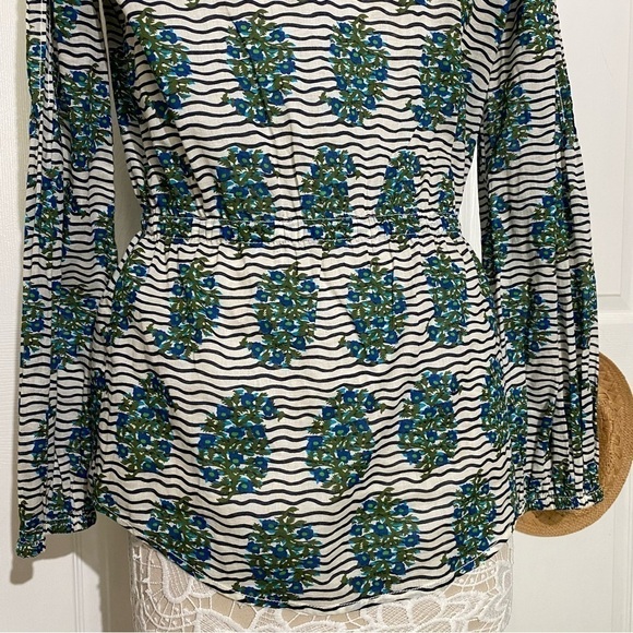 Tory Burch Top white Green Flora Cotton Scoop Neck Keyhole Tunic Elastic waist 6 - Picture 7 of 16